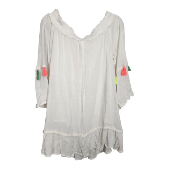 True Destiny Boho Colorful Tasseled Off the Shoulder Mini Dress Rayon Size Large - Picture 8 of 8